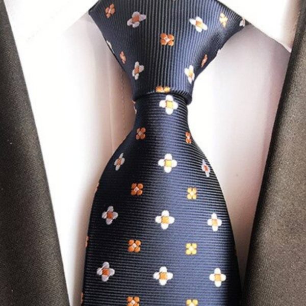 Cravate Noire à Fleurs Blanches Et Oranges