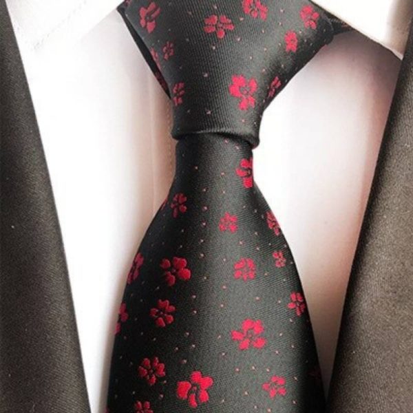 Cravate Noire à Fleurs Rouges Et Pois Blancs